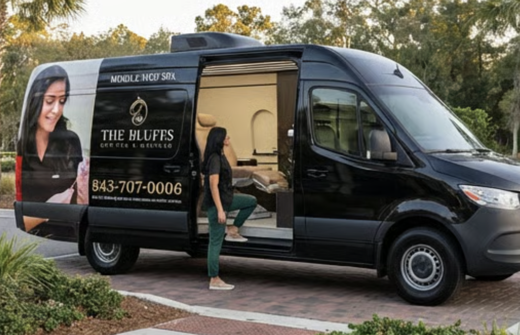 Client entering mobile spa van